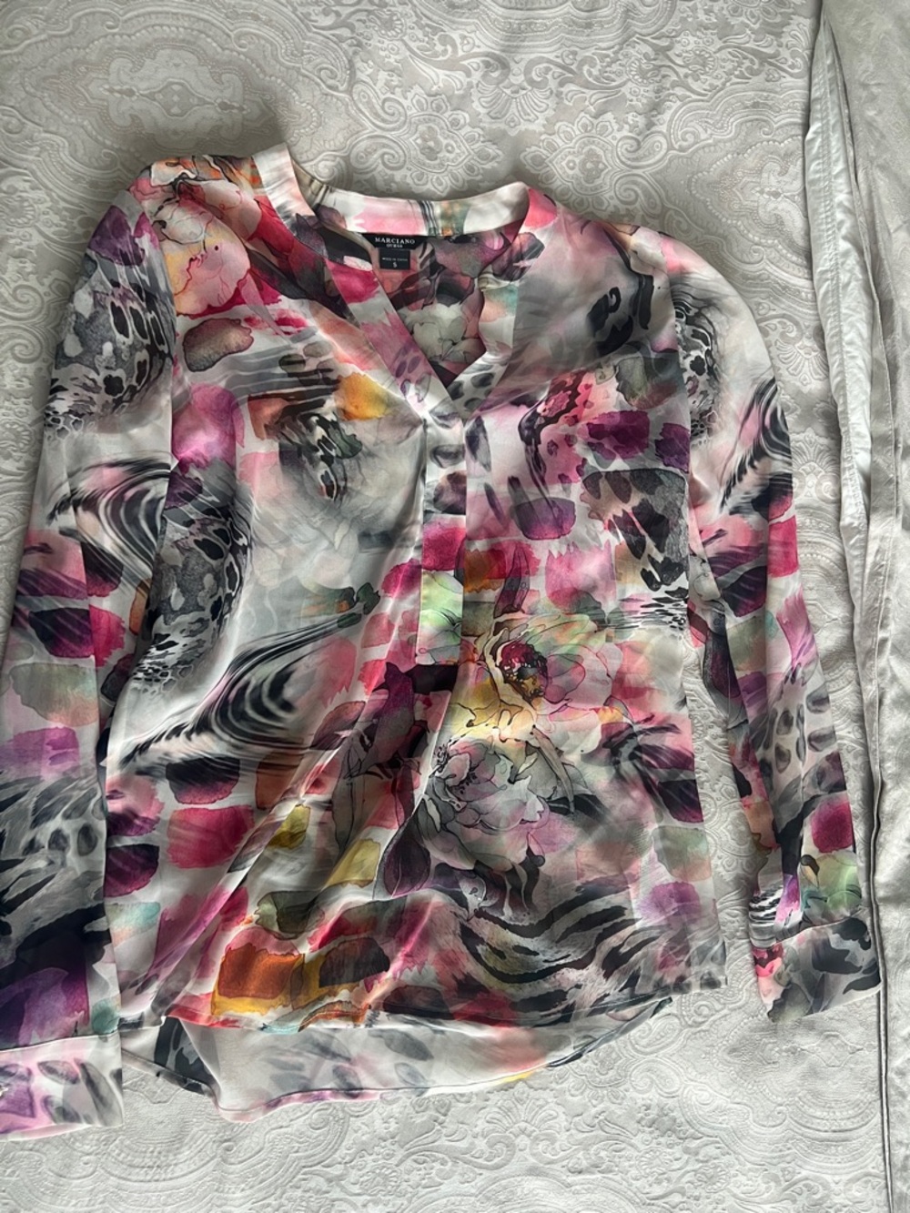Marciano Multicolor Floral & Abstract Sheer V-Neck Blouse